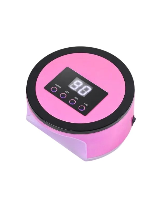 Pink LED nail lamp with digital display and timer buttons.